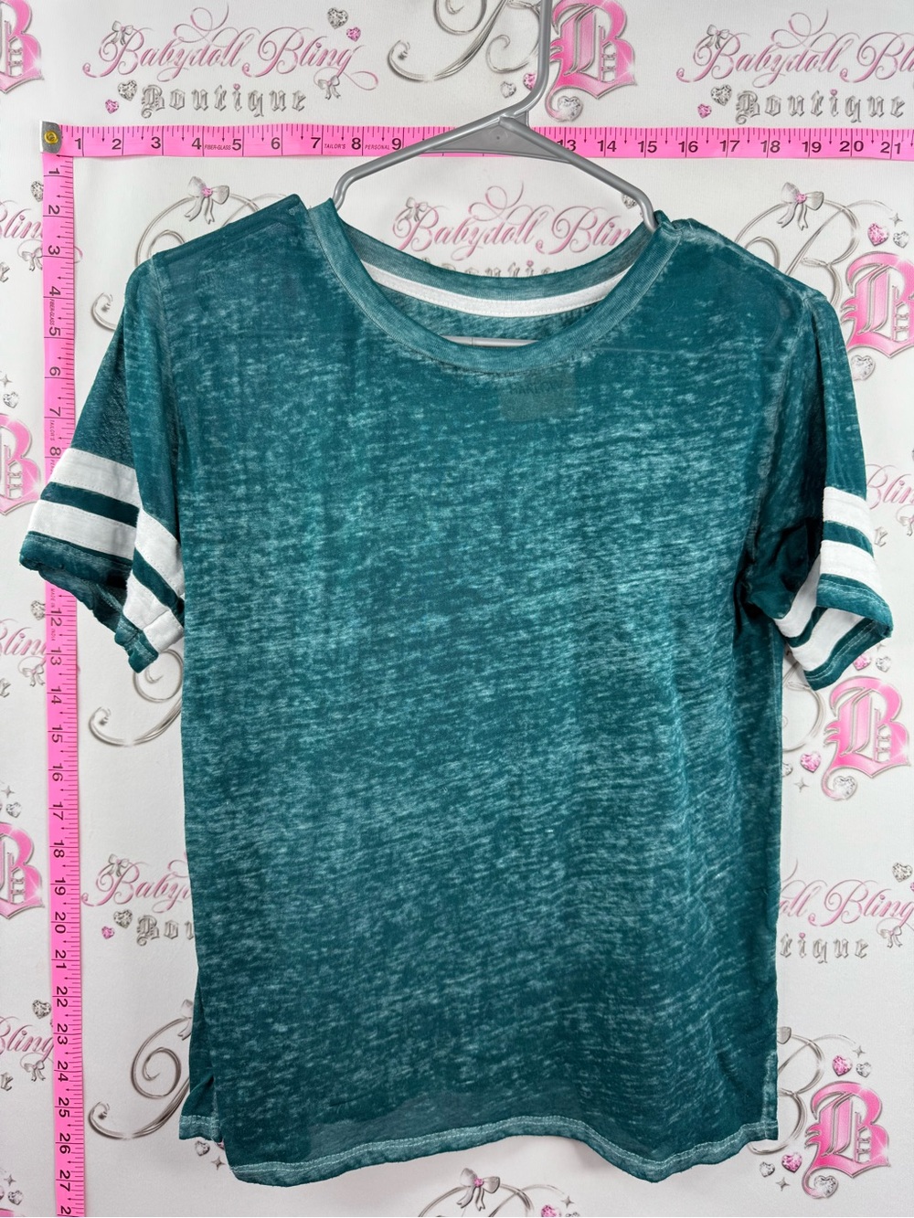 Harlow shirt blue Teal Burnout Short Sleeve Tee with White Stripe Sleeves